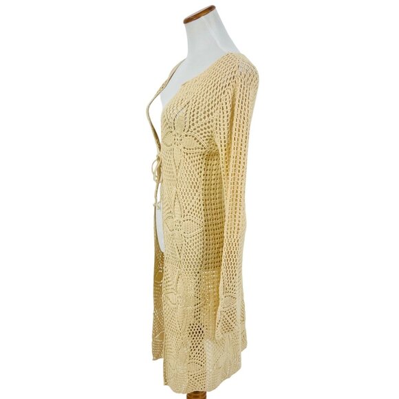 Vintage 90s Crochet Tie Front Cardigan: Boho Long Duster Sweater Coastal Grandma - Picture 8 of 16